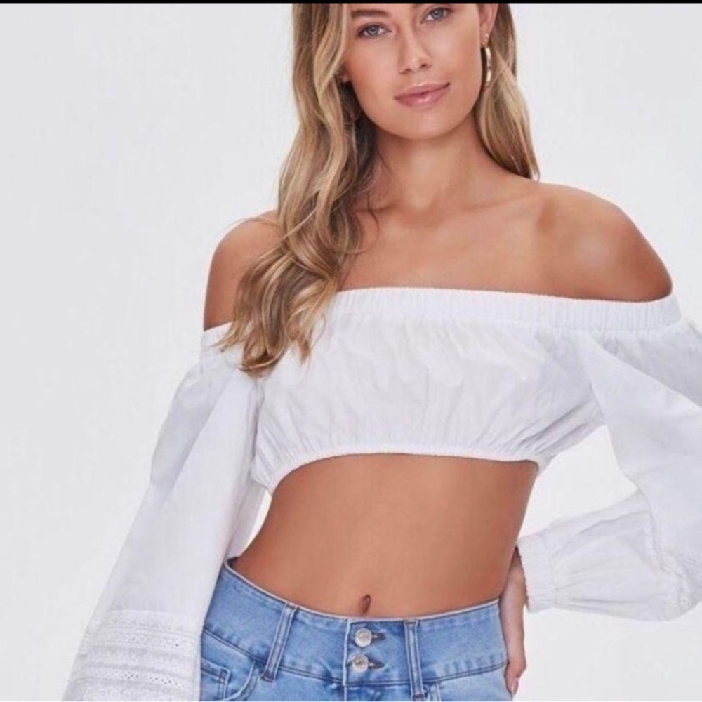 NWT Forever 21 Off-The-Shoulder White Milk Maid Crop Top Sz M
